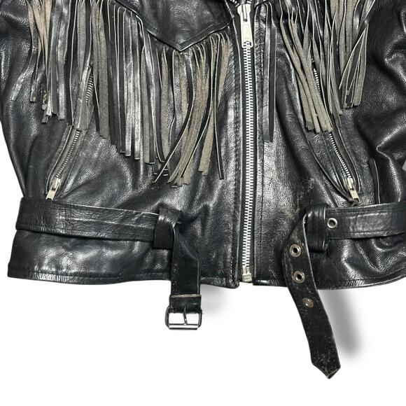 Vintage Leather Fringe Motorcycle Jacket Cropped Harley Biker Lady Rider Sz M - Picture 8 of 11